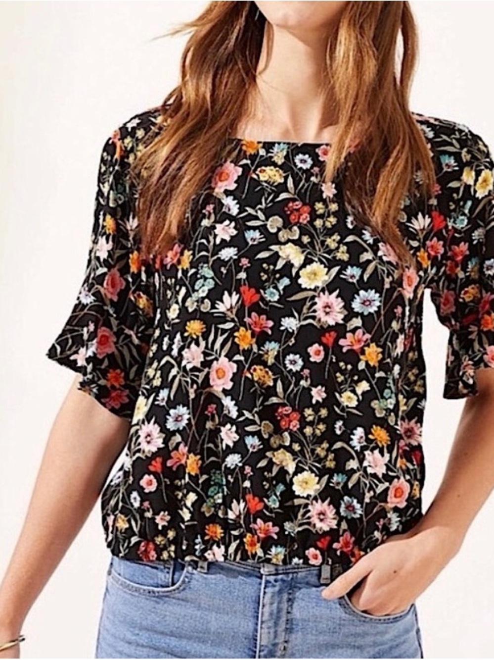 LOFT Black Floral Square-Neck Blouse
